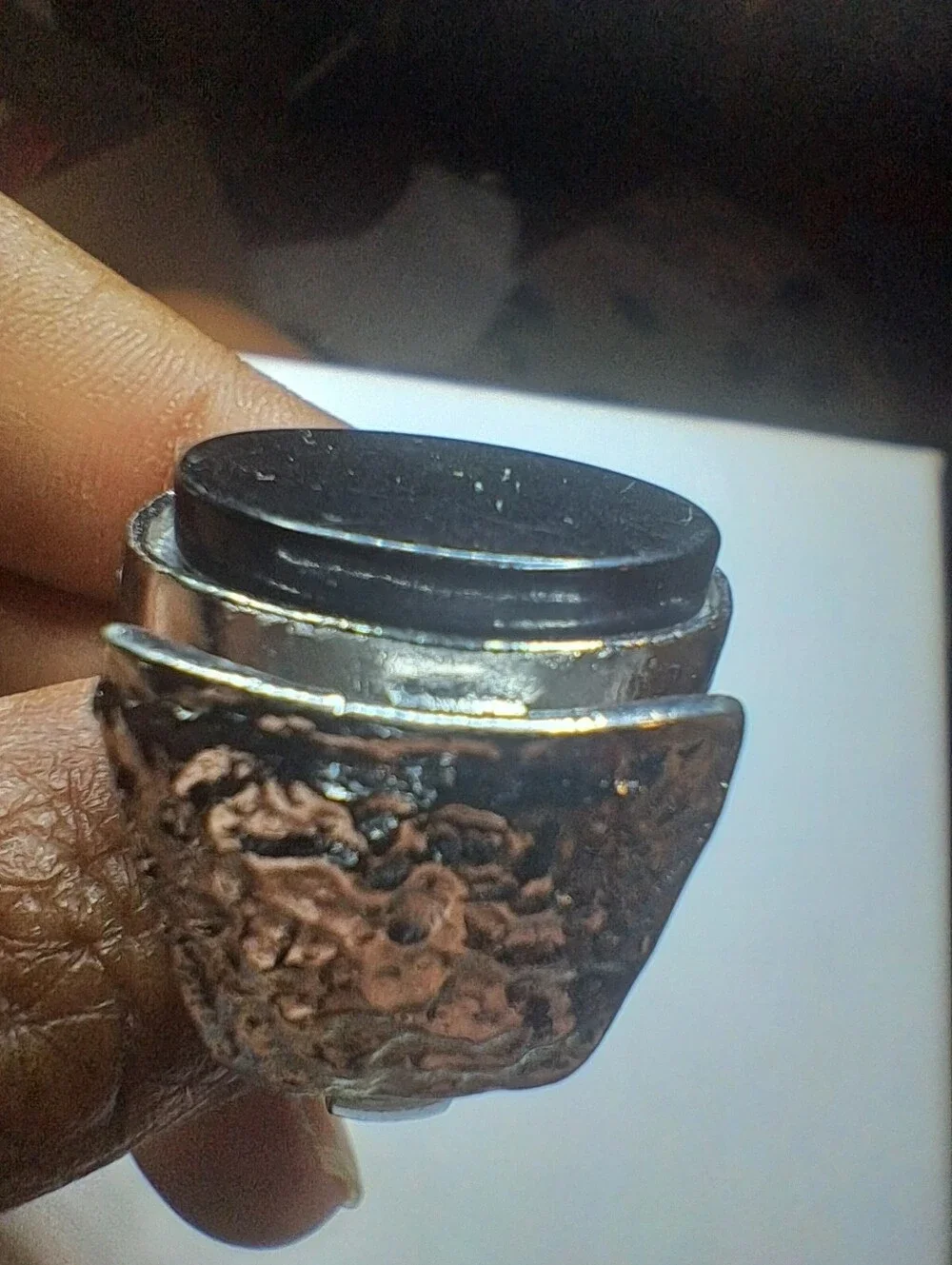 Vintage Silver Tone Chunky Black Onyx Look Statement Ring - Adjustable